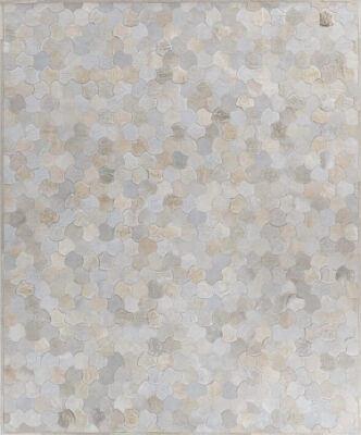 Luxury designer area rug with interlocking hexagon pattern in neutral tones.