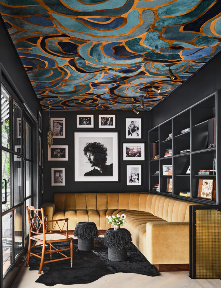 Bold abstract ceiling design in ecclectic home lounge by Fern Santini
