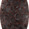 Luxury designer oval rug, dark gray, abstract floral motif in reddish-brown, high-end style.