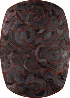 Luxury designer oval rug, dark gray, abstract floral motif in reddish-brown, high-end style.