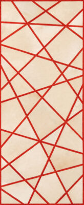 Luxury designer rug in beige with red geometric lines, high end custom wool rug.