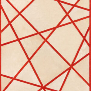 Luxury designer rug in beige with red geometric lines, high end custom wool rug.