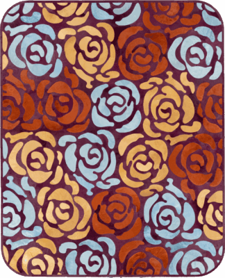 Luxury handmade wool designer rug with abstract roses in blue and yellow.