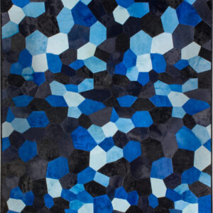Luxury custom designer rug featuring abstract blue and black polygon mosaic pattern.