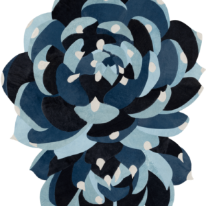 Luxury custom designer rug in blue, black, and white with an abstract floral motif.