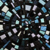 Luxury designer rug with concentric blue, black, and white mosaic pattern.