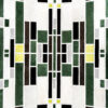 Geometric designer rug with green, black, and yellow rectangles in a luxury pattern.