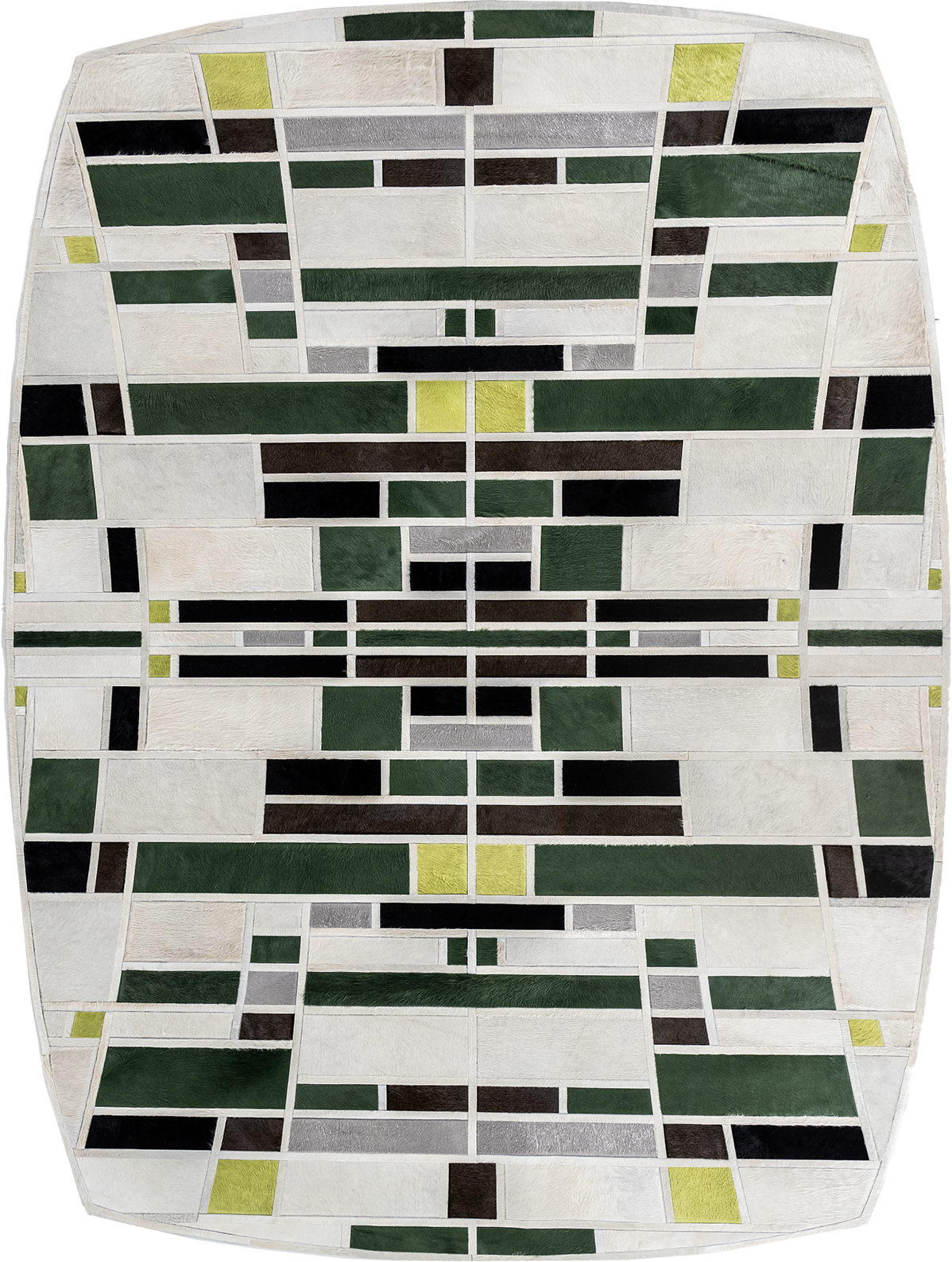 Luxury designer rug with geometric rectangles in green, black, gray, yellow, white.