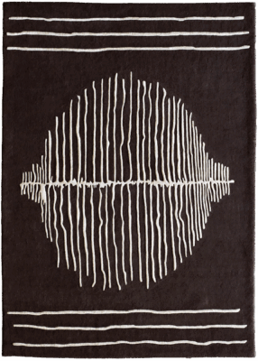 Luxury designer rug with white linear oval motif on dark high-end wool surface.