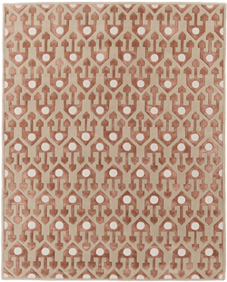 Luxury custom designer rug featuring brown geometric arrows on beige with white circles.