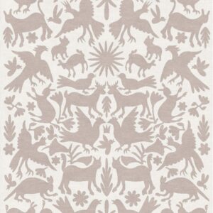 Luxury designer rug with symmetrical animal and plant motifs in light brown silk.