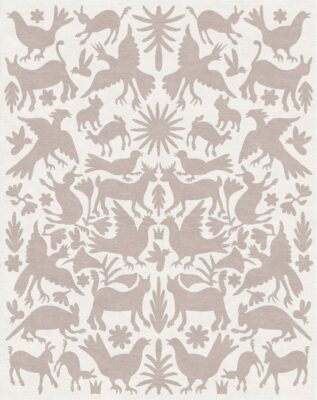 Luxury designer rug with symmetrical animal and plant motifs in light brown silk.