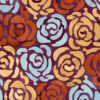 Luxury designer rug with abstract blue, gold, and brown roses on maroon background.