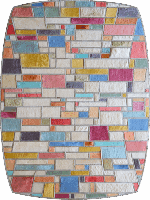 Luxury designer rug with a geometric mosaic pattern in vibrant, multicolor tones.