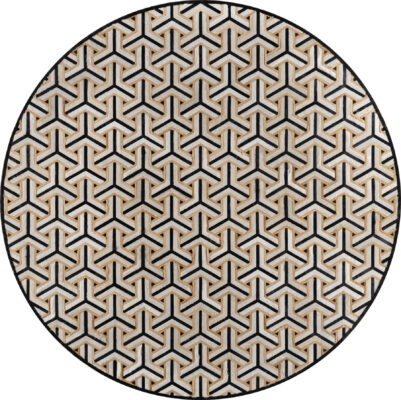 Luxury designer round rug with geometric Y-pattern in black, beige, and white.