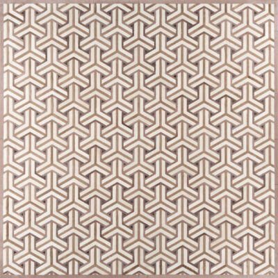 Luxury designer rug with symmetrical beige and brown geometric tessellated pattern.