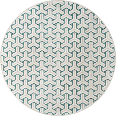 Luxury designer round rug with geometric teal and white pattern on light background.