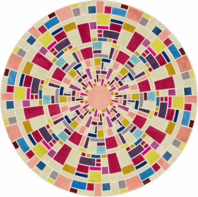 Luxury designer rug with circular mosaic rings in vivid, high-end custom wool.