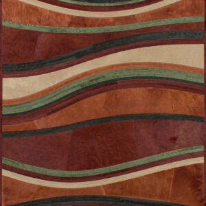 Luxury designer wool rug with wavy stripes in earth tones on a tan background.