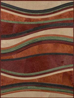 Luxury designer wool rug with wavy stripes in earth tones on a tan background.