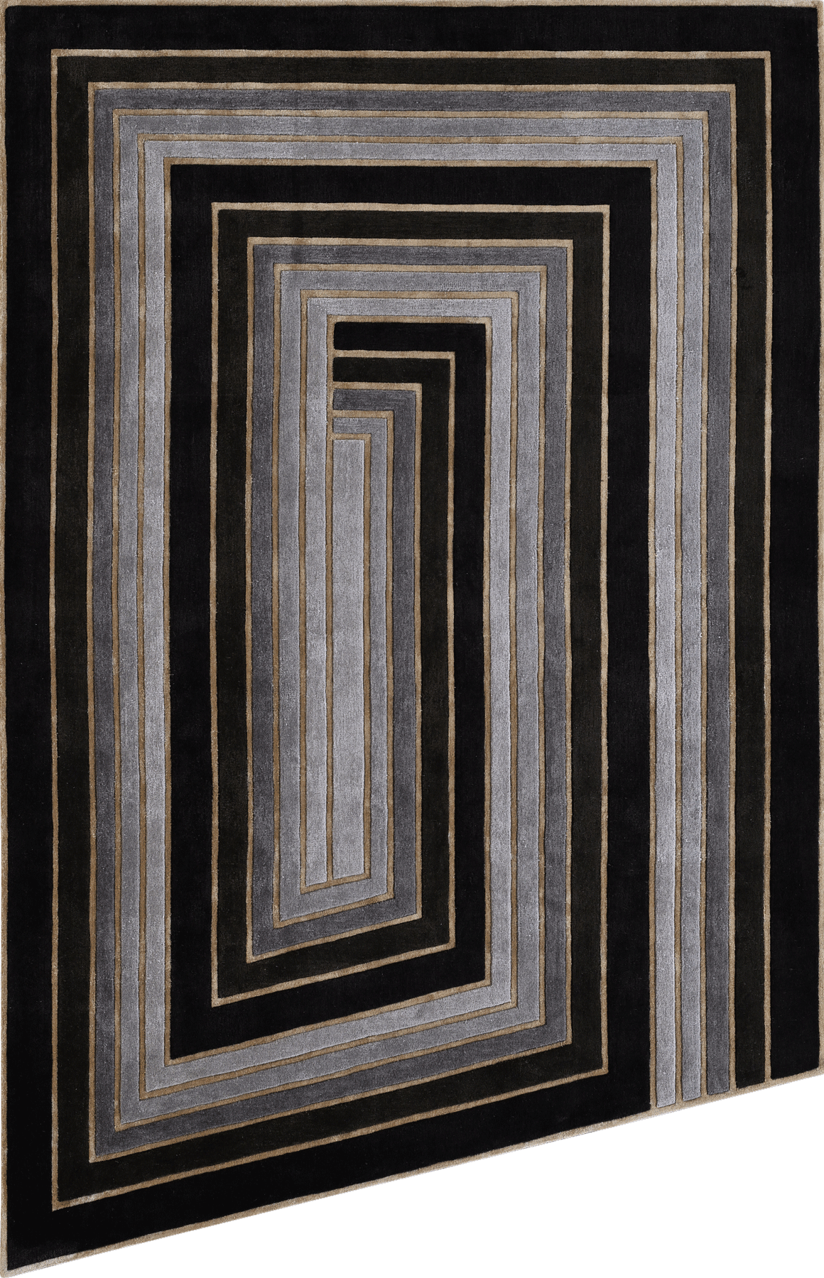 Custom geometric wool and silk rug in gray, black and gold