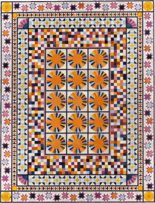 Lady 24390 is a luxury designer rug featuring handmade wool with vibrant sun motifs.