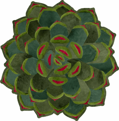 A designer luxury rug with a floral circular motif in green and red accents.