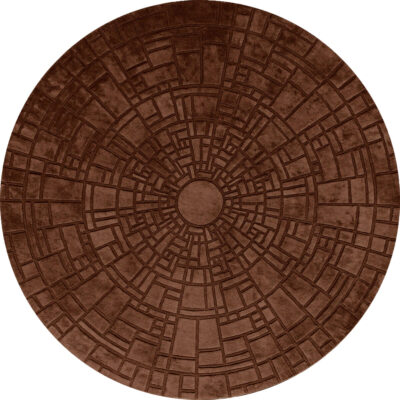 Luxury designer round wool rug with geometric maze pattern radiating outward.
