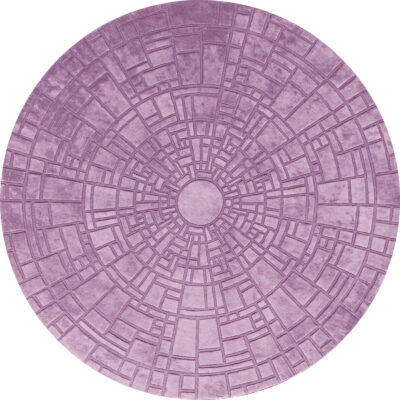 Luxury designer purple wool rug with geometric maze pattern, handmade quality.