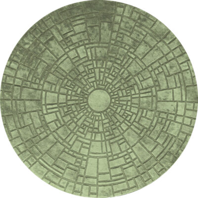 Luxury designer round green wool rug with geometric maze pattern, handmade.