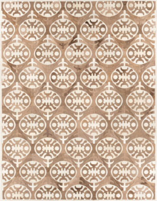 Luxury custom designer rug in beige, brown, and white with geometric motifs.