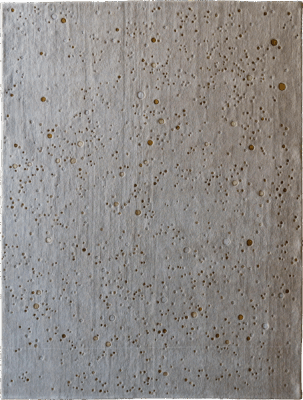 Beige luxury custom rug sample with small, irregularly spaced circular cutouts.