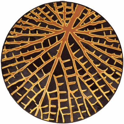A luxury designer rug with radiating yellow lines on a dark background, echoing organic, handmade wool and silk rug artistry.