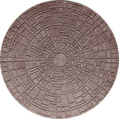 Luxury round designer rug with a geometric maze pattern in premium handmade wool.