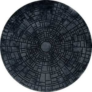 Luxury designer round rug with geometric maze pattern in handmade wool.