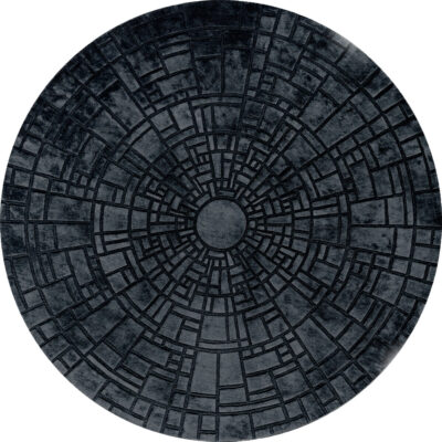 Luxury designer round rug with geometric maze pattern in handmade wool.