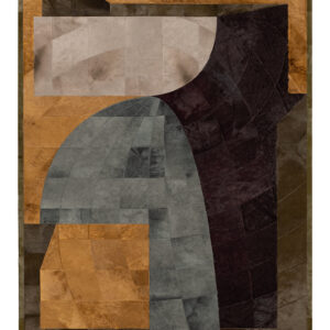 Designer rug with abstract brown, gray, and black geometric shapes in high-end wool.