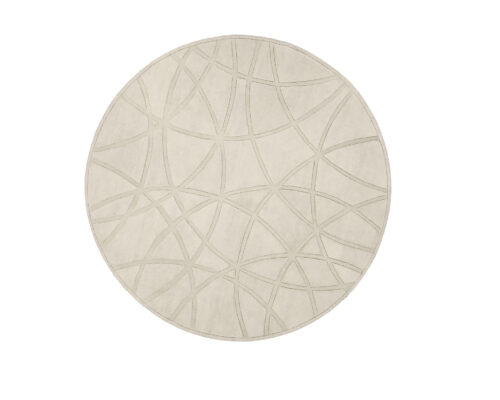 High-end designer round wool rug with abstract intersecting lines on white.