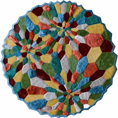 Luxury designer rug featuring a vibrant mosaic of multicolored geometric shapes.