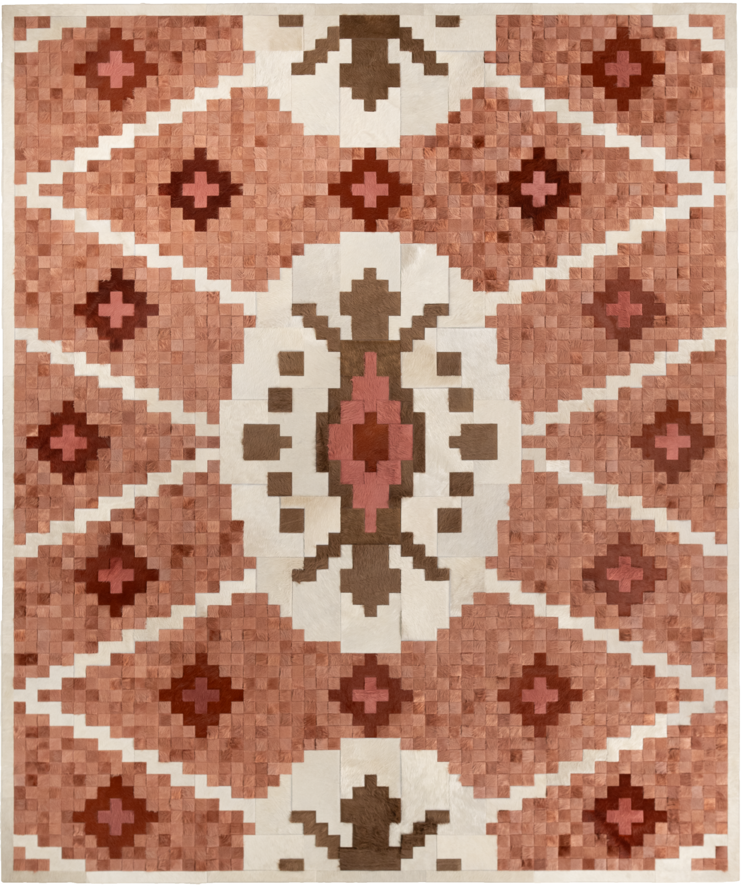 Jen Welch luxury designer rug in pink and brown, handmade wool with geometric motif.