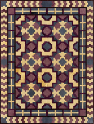 Luxury designer rug with interlocking geometric pattern in rich wool and silk tones.