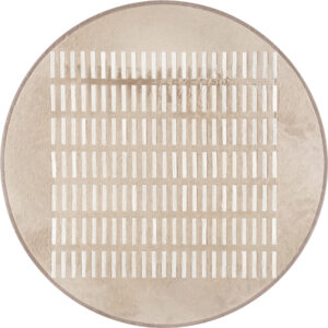 Luxury custom designer rug in beige wool with grid cutouts, high-end handmade design.