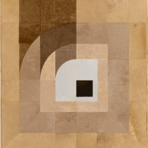 Luxury designer rug with geometric squares and arcs in brown and beige tones.