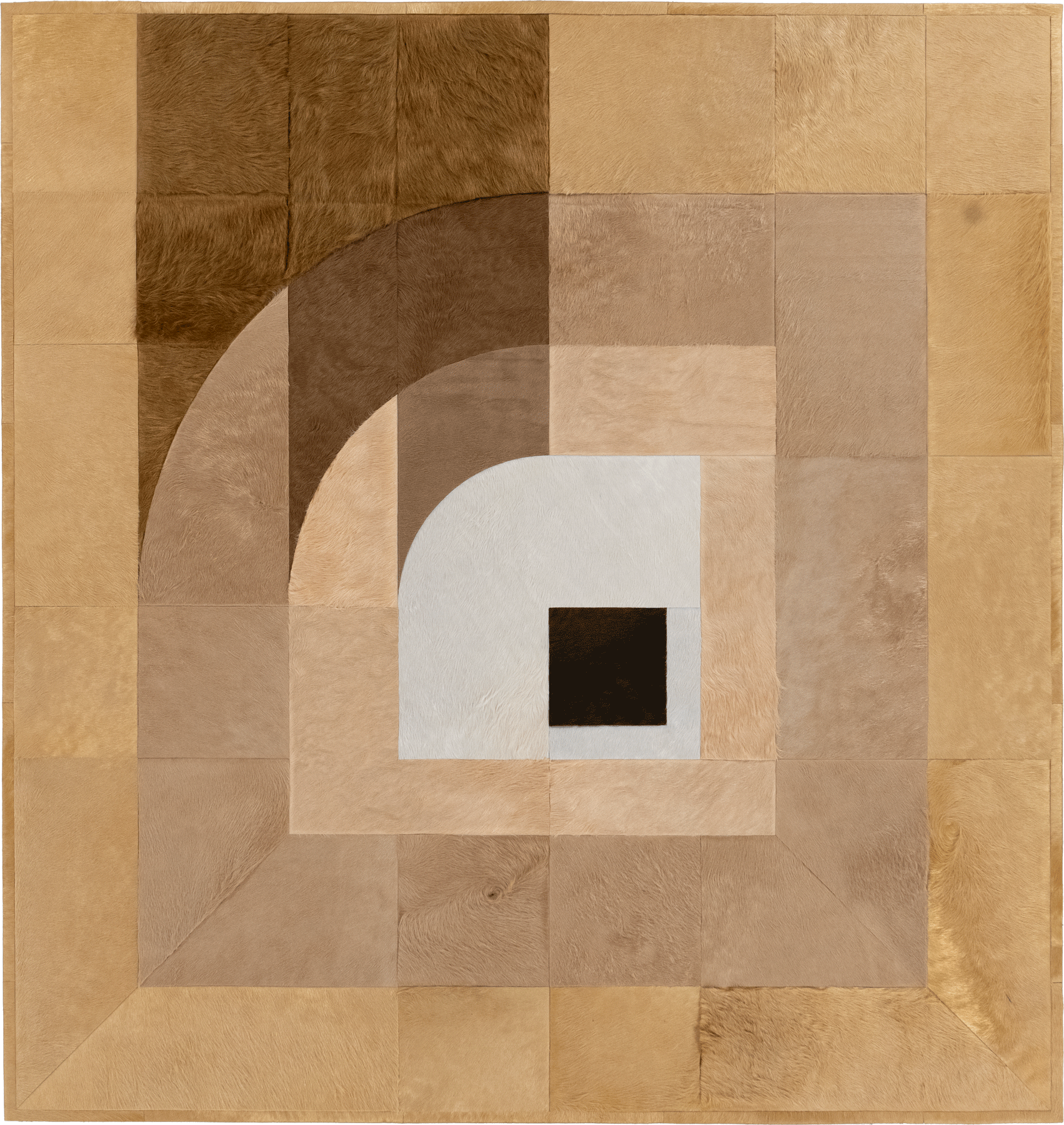Luxury designer rug with geometric squares and arcs in brown and beige tones.