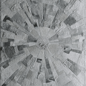 Designer luxury custom rug with a radial gray geometric pattern and textured segments.