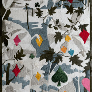 Luxury custom designer rug with white florals, vibrant suits, high-end texture.