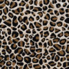 Close-up of luxury designer rug fabric with tan, brown, and black leopard-print spots.
