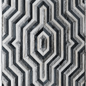Luxury designer rug with geometric hexagon pattern in gray, white, and black tones.