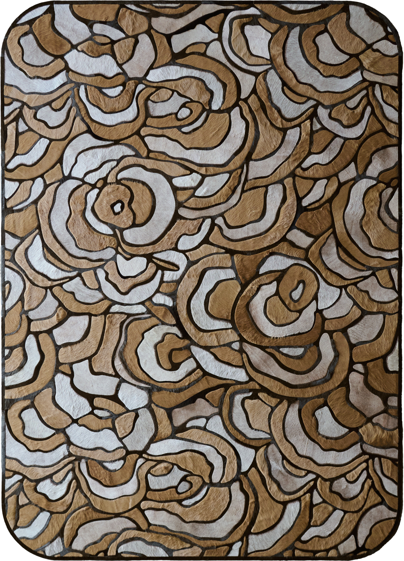 The Bloom 02710 is a luxury designer rug with an abstract floral motif in brown, beige, and white.