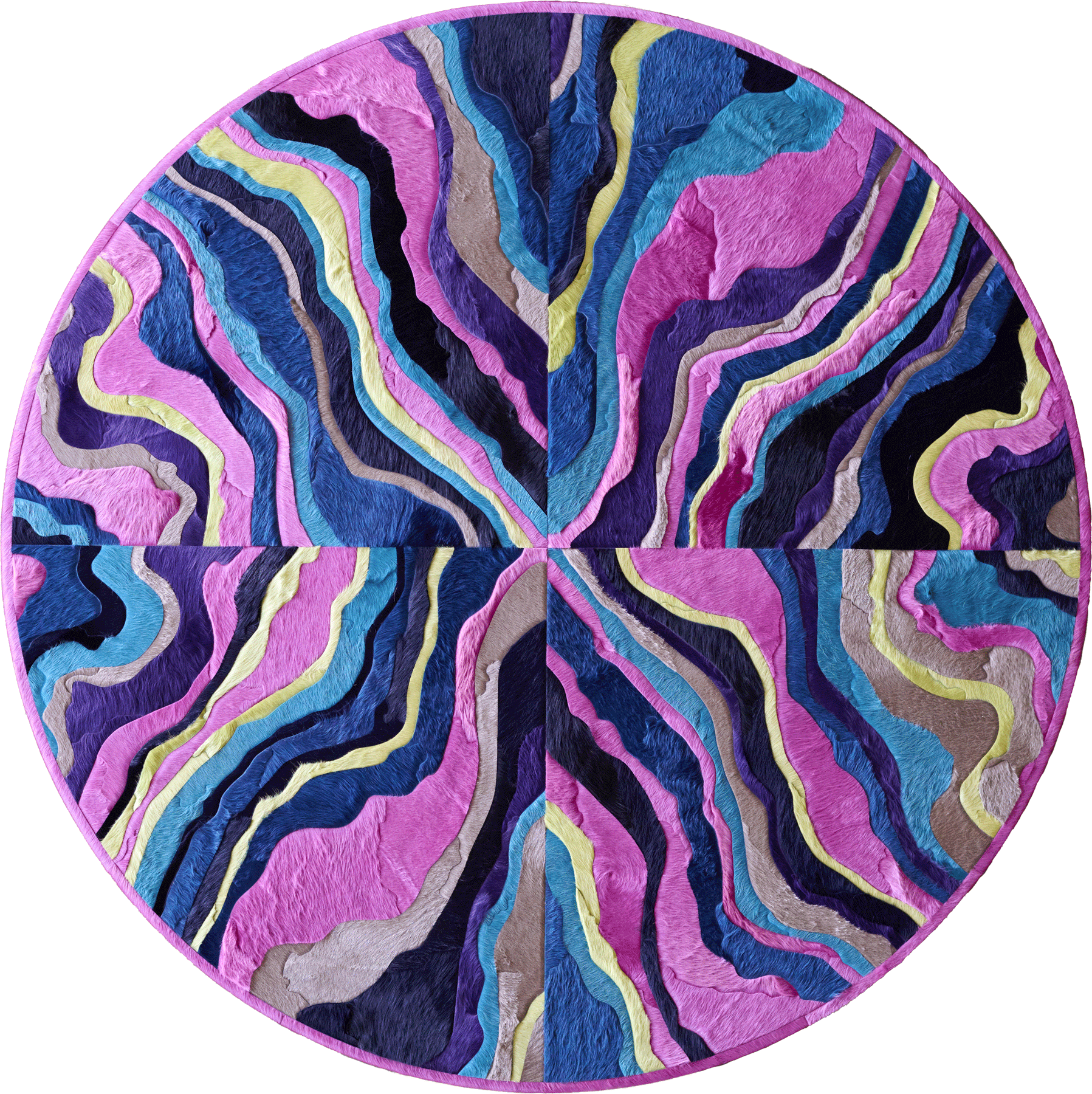 Submerge 02842 luxury designer rug features wavy, layered hues in a four-quadrant circular pattern.